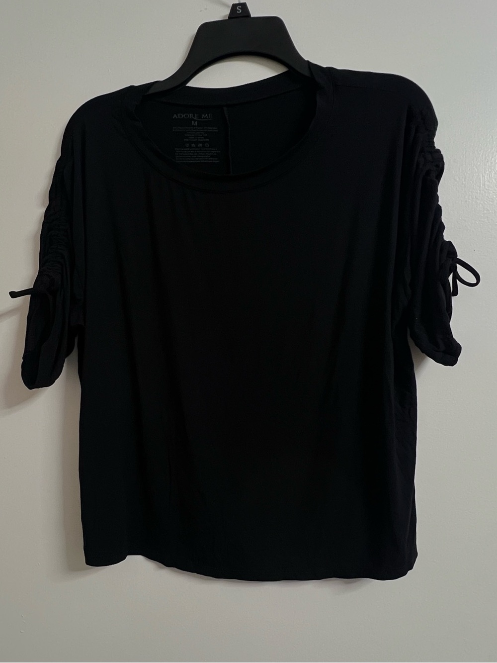 Adore Me Black Short Sleeve Top with Ruched Tie Sleeves